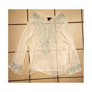 100% silk, white swim cover up shirt with embellishment by Venus. Size M.
